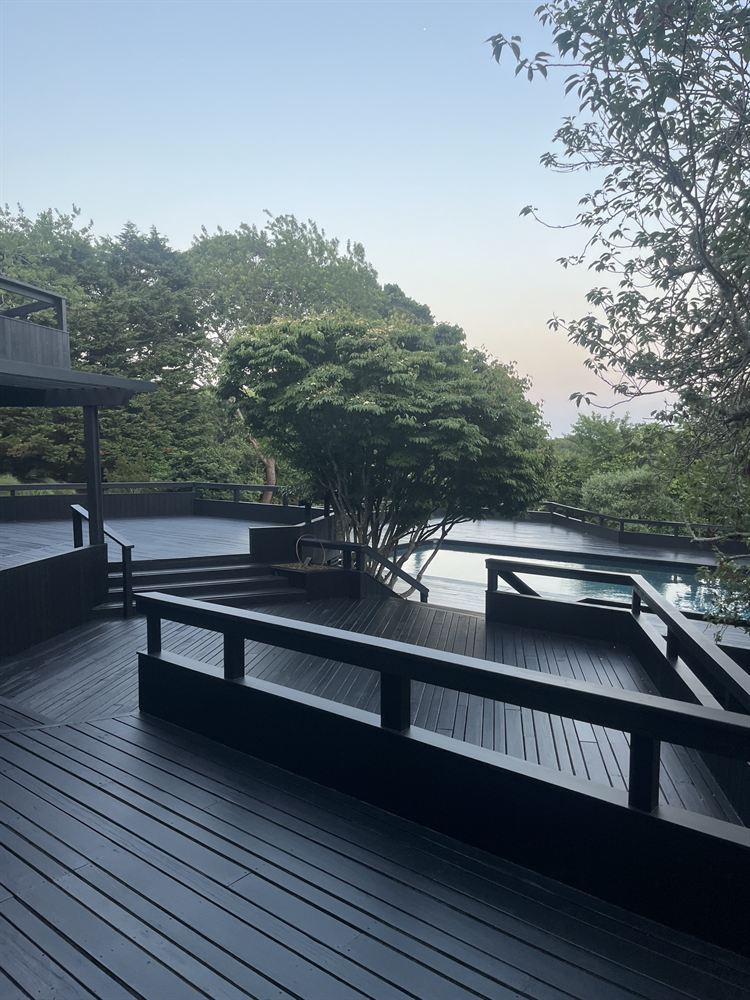 Pool deck refinished in deep black overlooking the pool and trees in the Hamptons