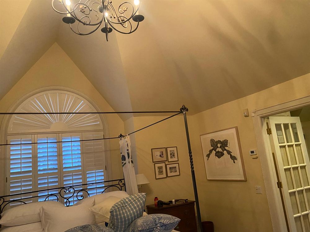 Primary bedroom with a painted vaulted ceiling and arched window