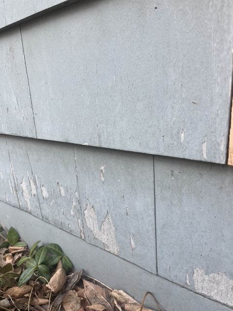 Shingle siding scraped of loose, peeling paint before priming